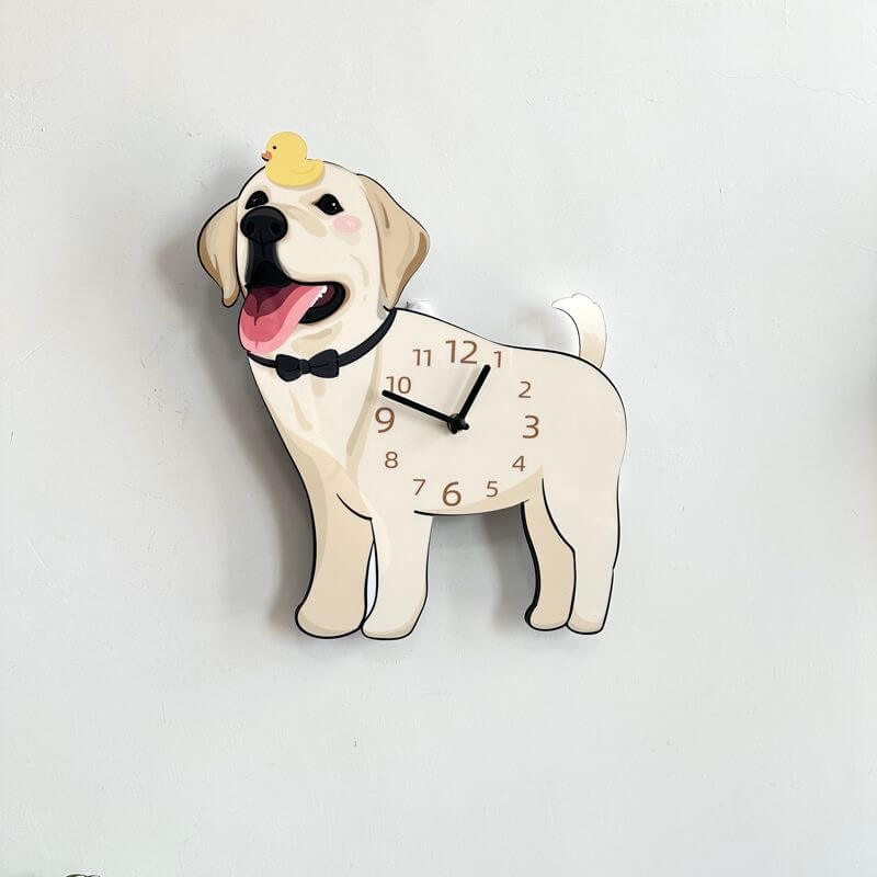 Labrador wall clock hanging on a plain white wall, modern pet-themed home decor