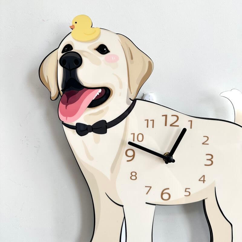 Close-up of Labrador dog clock face showing the clock hands, bow tie and smiling face