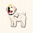 Cute Labrador Retriever dog-shaped wall clock with black bow tie and yellow rubber duck on head, cartoon acrylic design on beige grid background