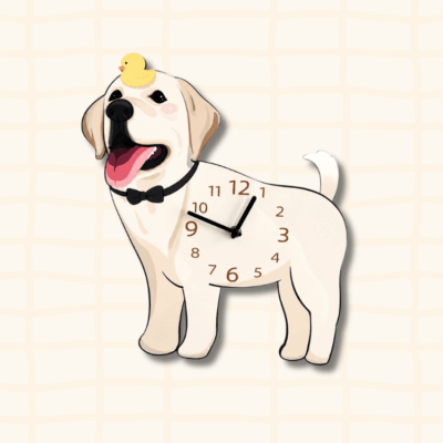 Cute Labrador Retriever dog-shaped wall clock with black bow tie and yellow rubber duck on head, cartoon acrylic design on beige grid background