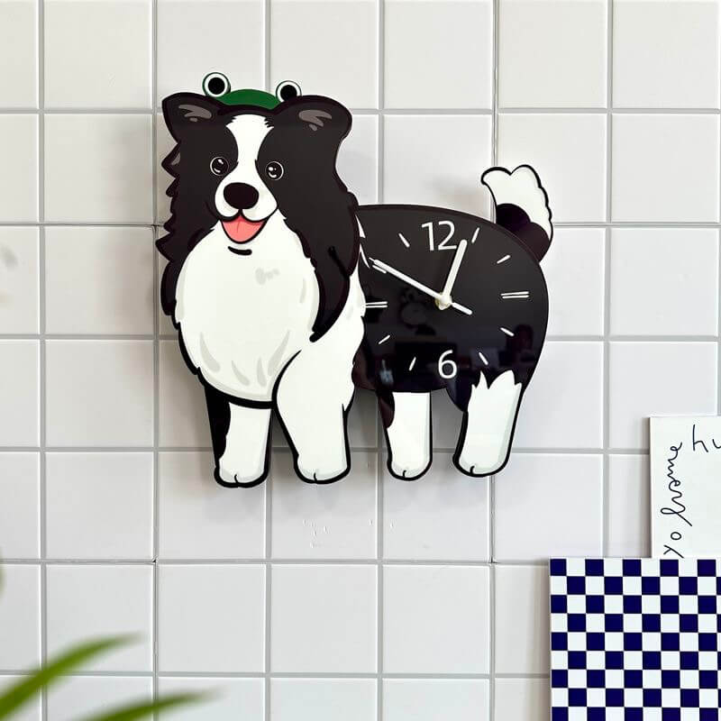 Border Collie wall clock on white square tiles with decorative handwritten card