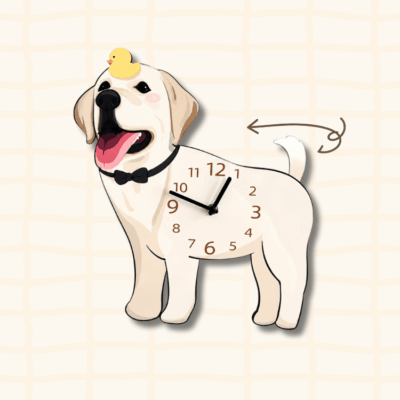 Labrador wagging tail clock guide showing the swinging tail movement with a curved arrow