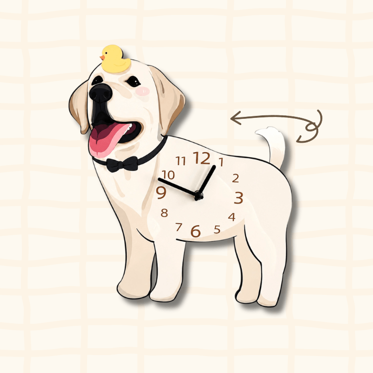 Labrador wagging tail clock guide showing the swinging tail movement with a curved arrow