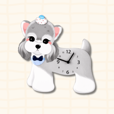 Cute Bichon Frise dog-shaped wall clock with blue Happy cloud hair accessory and bow tie, cartoon acrylic design