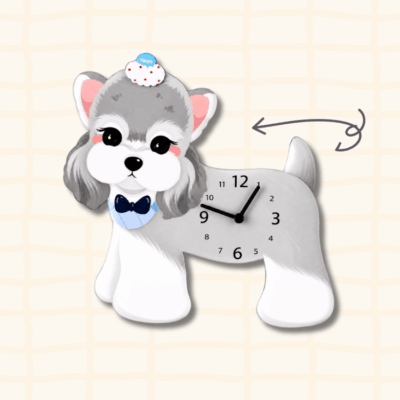 Bichon Frise happy cloud wagging tail clock guide showing the swinging tail movement with curved arrow