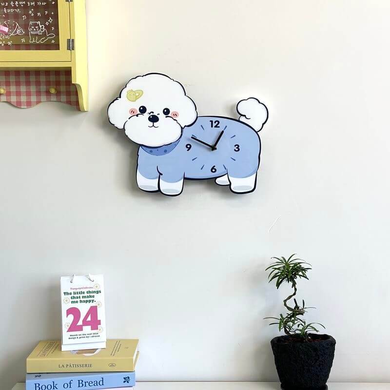 Bichon Frise Saturn hairpin wall clock angled view showing cute Saturn hairpin detail