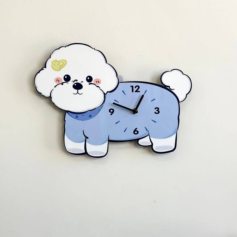 Bichon Frise Saturn hairpin wall clock in room setting with plant and decorative items