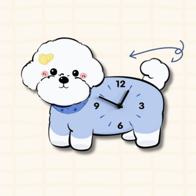 Bichon Frise Saturn hairpin wagging tail clock guide showing the swinging tail movement with curved arrow