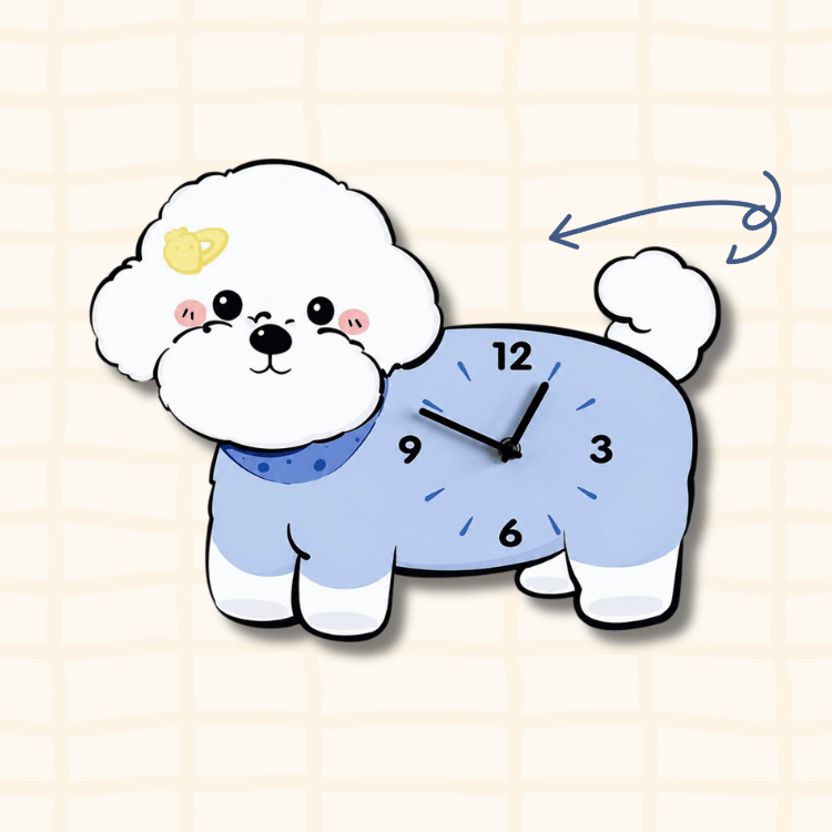Bichon Frise Saturn hairpin wagging tail clock guide showing the swinging tail movement with curved arrow