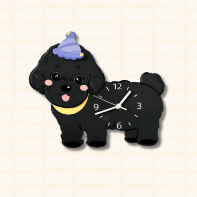 Black poodle wagging tail wall clock with blue party hat and yellow collar - cute novelty pet decor