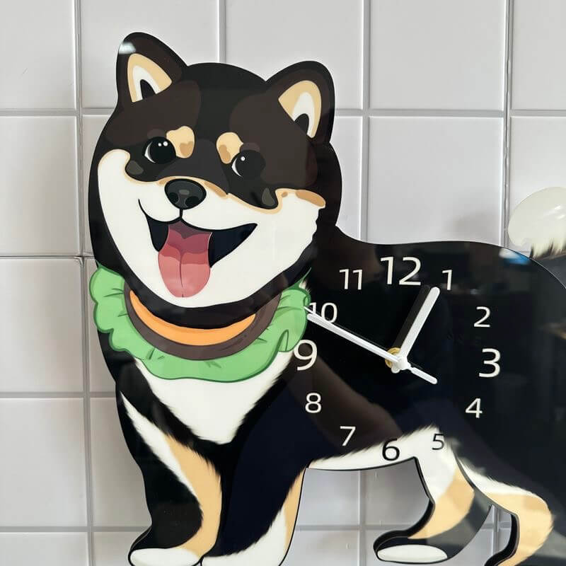 Black Shiba Inu wall clock close-up showing happy face and green collar detail