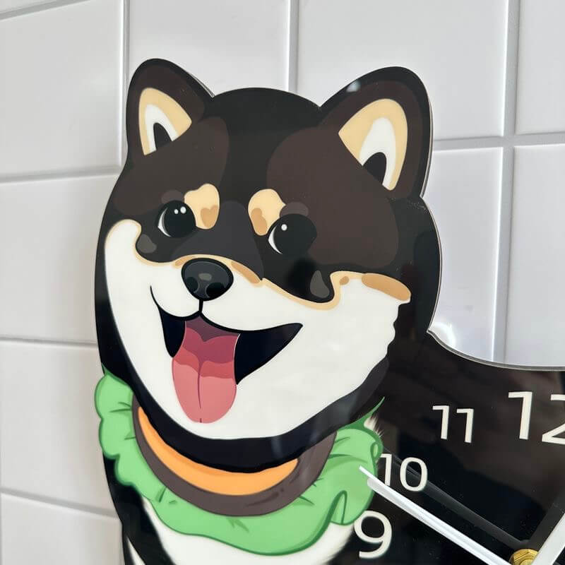 Black Shiba Inu clock face close-up showing cute expression and clock hands