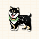 Cute Black Shiba Inu dog-shaped wall clock with green ruffled collar, cartoon acrylic design on beige background