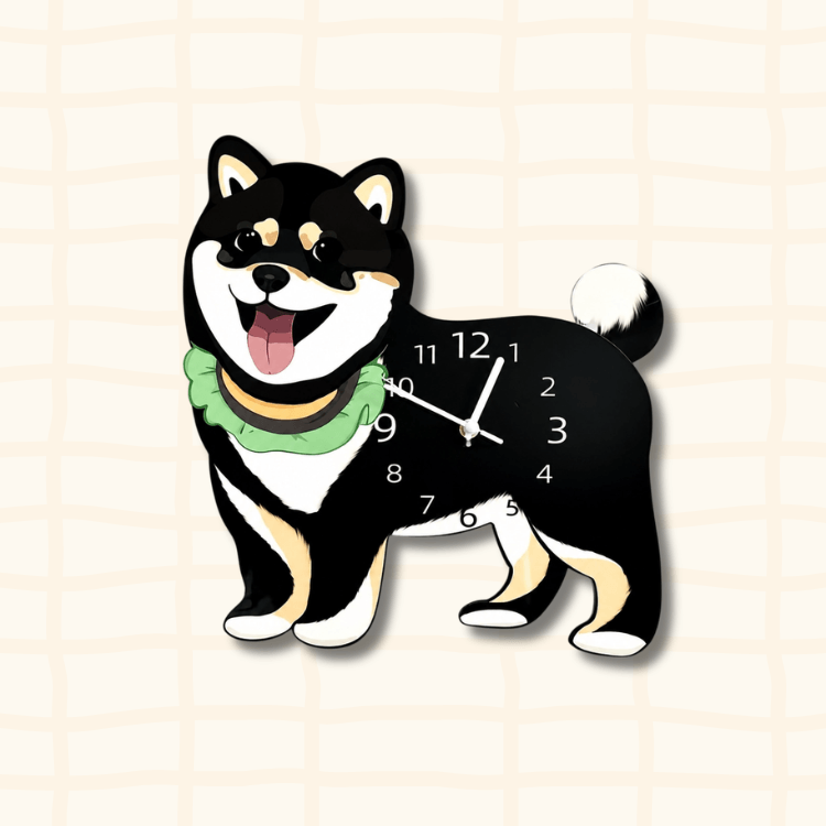 Cute Black Shiba Inu dog-shaped wall clock with green ruffled collar, cartoon acrylic design on beige background