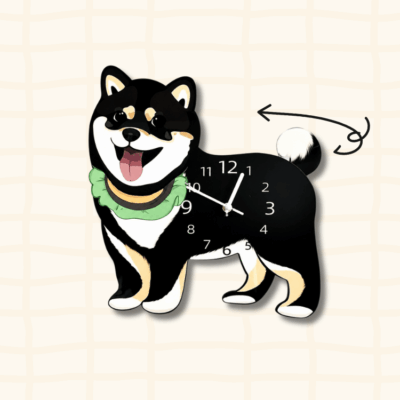 Black Shiba Inu wagging tail clock guide showing the swinging tail movement with curved arrow