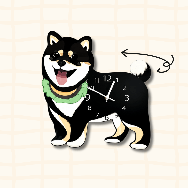 Black Shiba Inu wagging tail clock guide showing the swinging tail movement with curved arrow