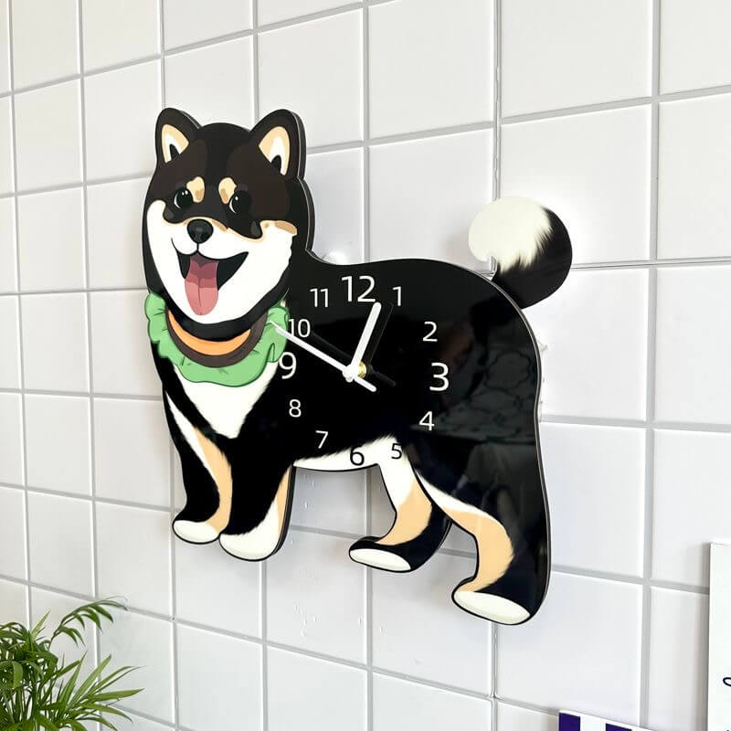 Black Shiba Inu dog clock front view on white tile wall with green plant