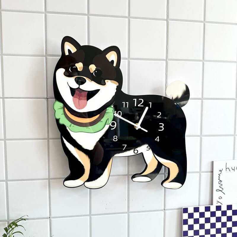 Black Shiba Inu wall clock on white tile wall with decorative tea towel and plant