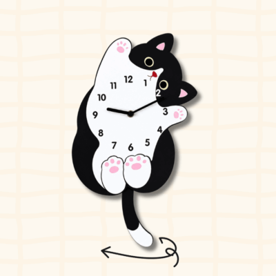 Black and white cow cat wagging tail clock guide showing the swinging tail movement with curved arrow