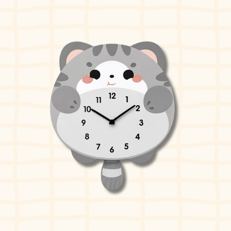 Cute British Shorthair blue cat-shaped wall clock lying down with pink blush cheeks, cartoon acrylic design