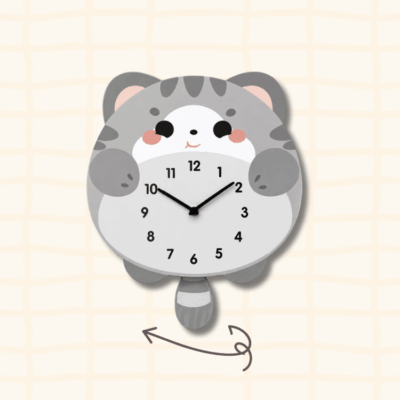 British Shorthair blue cat wagging tail clock guide showing the swinging tail movement with curved arrow