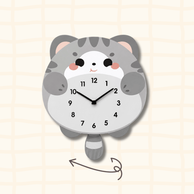 British Shorthair blue cat wagging tail clock guide showing the swinging tail movement with curved arrow