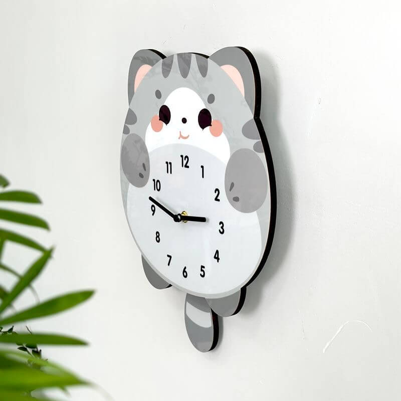 British Shorthair blue cat wall clock wide angle view with home decor