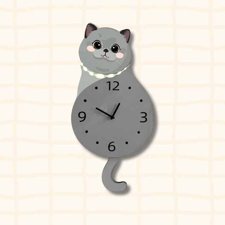 Cute British Shorthair blue cat-shaped wall clock with pearl necklace collar, cartoon acrylic design