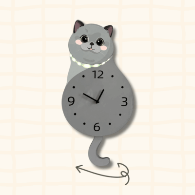 British Shorthair pearl necklace wagging tail clock guide showing the swinging tail movement with curved arrow