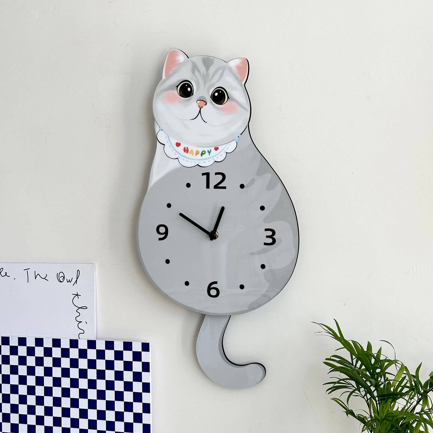 British Shorthair silver shaded wall clock angled view showing cute Happy collar detail