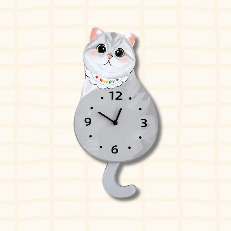 Cute British Shorthair silver shaded cat-shaped wall clock with Happy collar, cartoon acrylic design