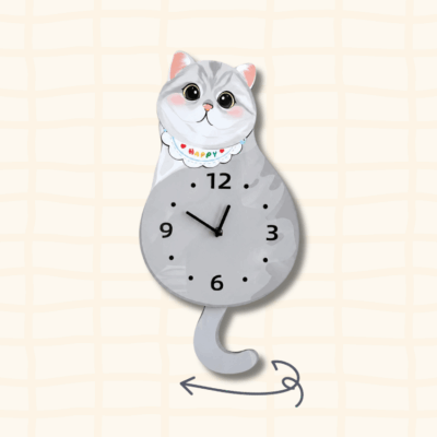 British Shorthair silver shaded wagging tail clock guide showing the swinging tail movement with curved arrow