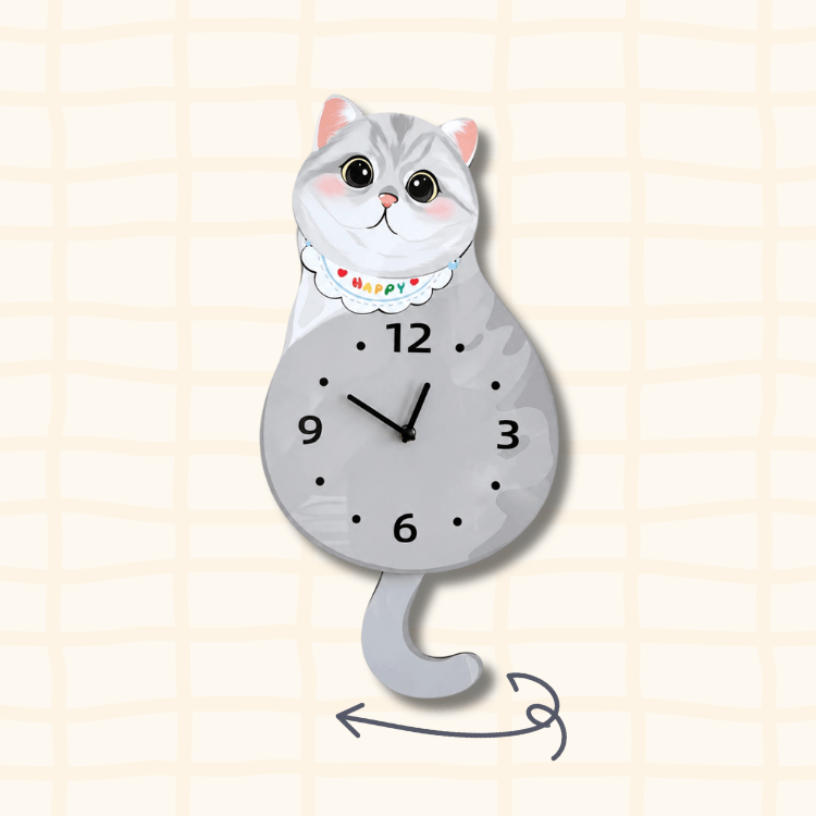 British Shorthair silver shaded wagging tail clock guide showing the swinging tail movement with curved arrow