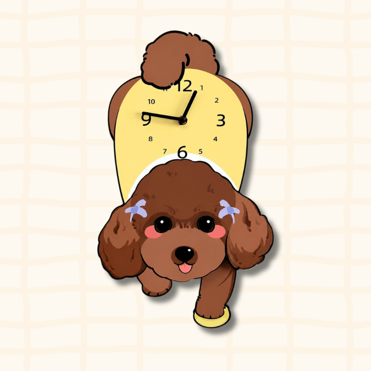 Cute Brown Poodle dog-shaped wall clock with blue bow hair accessory, cartoon acrylic design