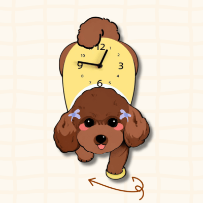 Brown Poodle blue bow wagging tail clock guide showing the moving paws motion with curved arrow