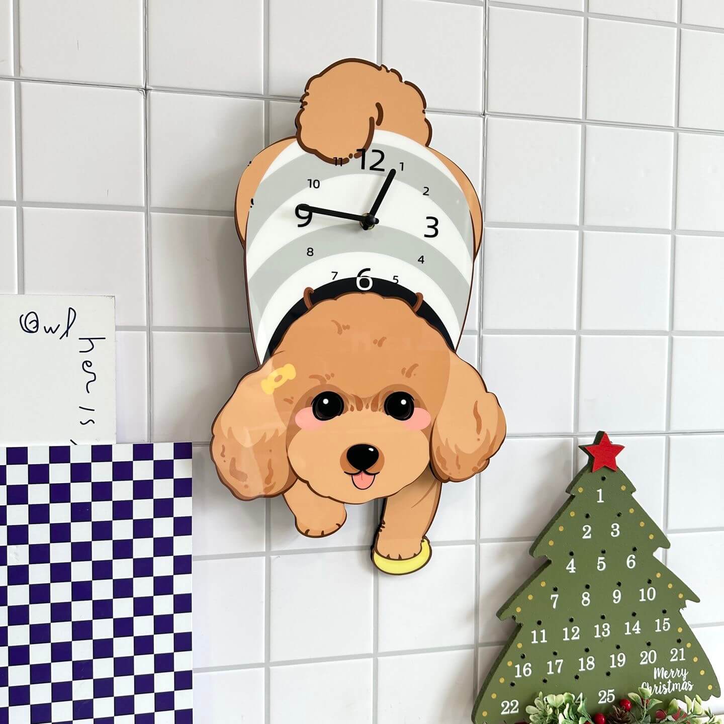 Brown Poodle lying wall clock angled view showing cute lying pose