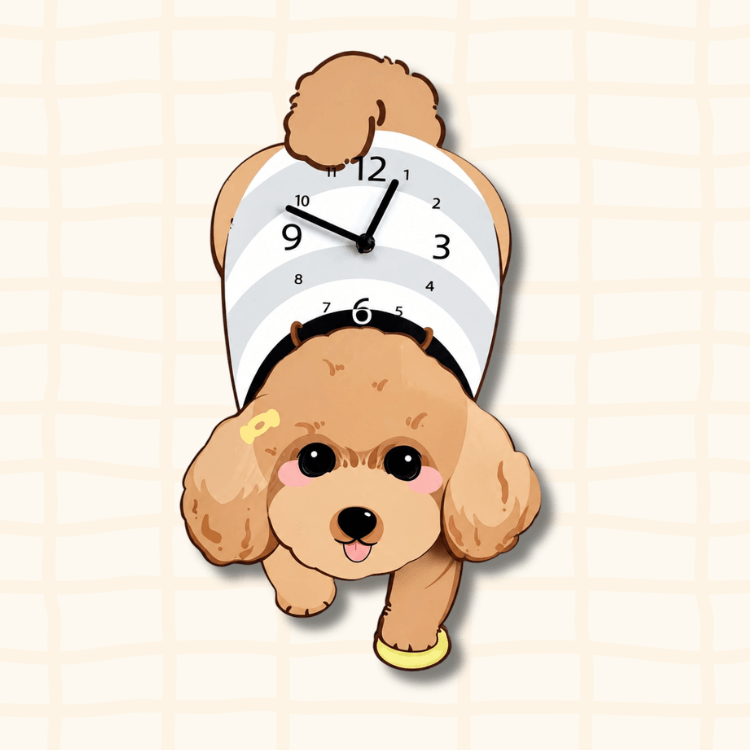 Cute Brown Poodle dog-shaped wall clock in lying pose with yellow collar, cartoon acrylic design