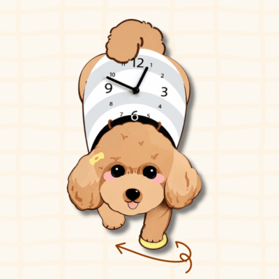 Brown Poodle lying wagging tail clock guide showing the swinging hind legs movement with curved arrow