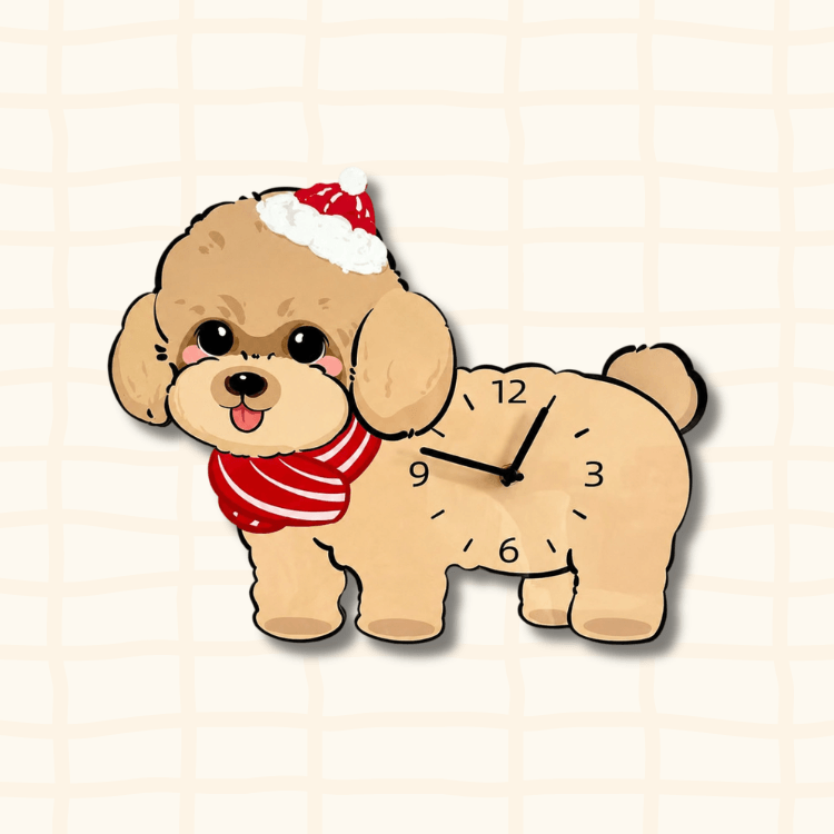 Cute Brown Poodle dog-shaped wall clock wearing red Santa hat and red striped scarf, cartoon acrylic design