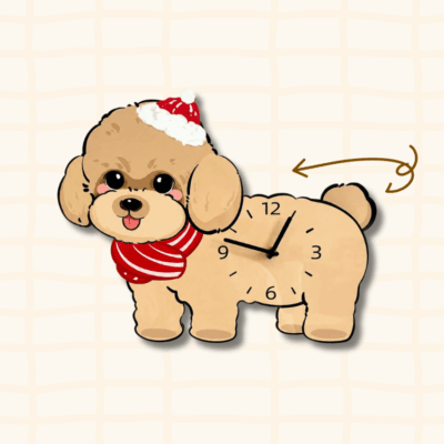 Brown Poodle Santa hat wagging tail clock guide showing the swinging tail movement with curved arrow