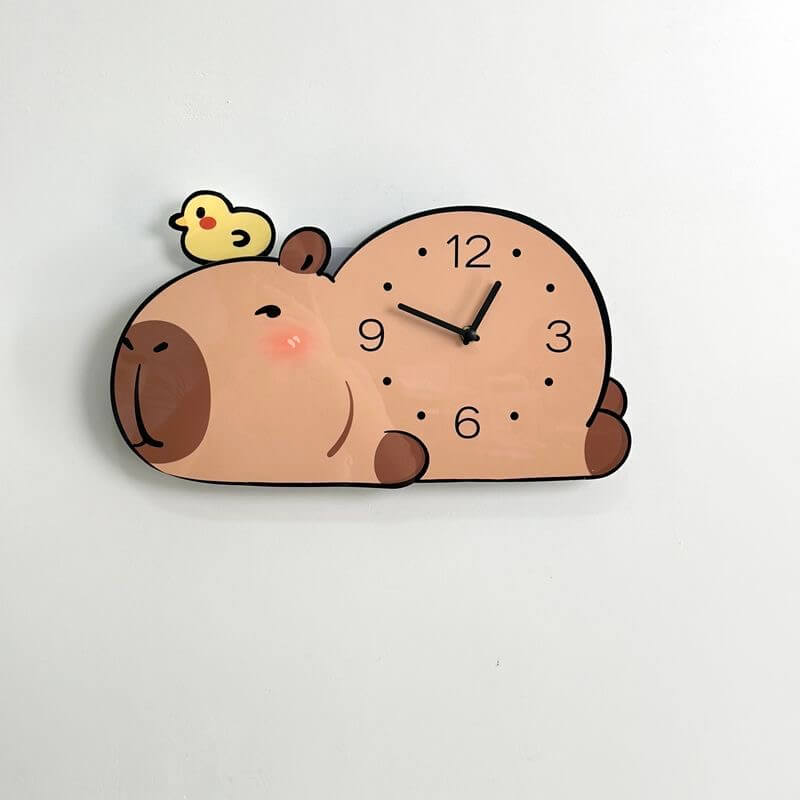 Cute capybara lying down clock on a clean cream wall - minimalist pet wall art