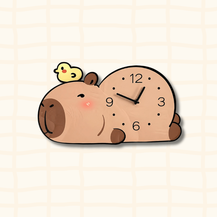 Cute capybara lying down wall clock with yellow duck on its back, dot clock face - unique pet decor