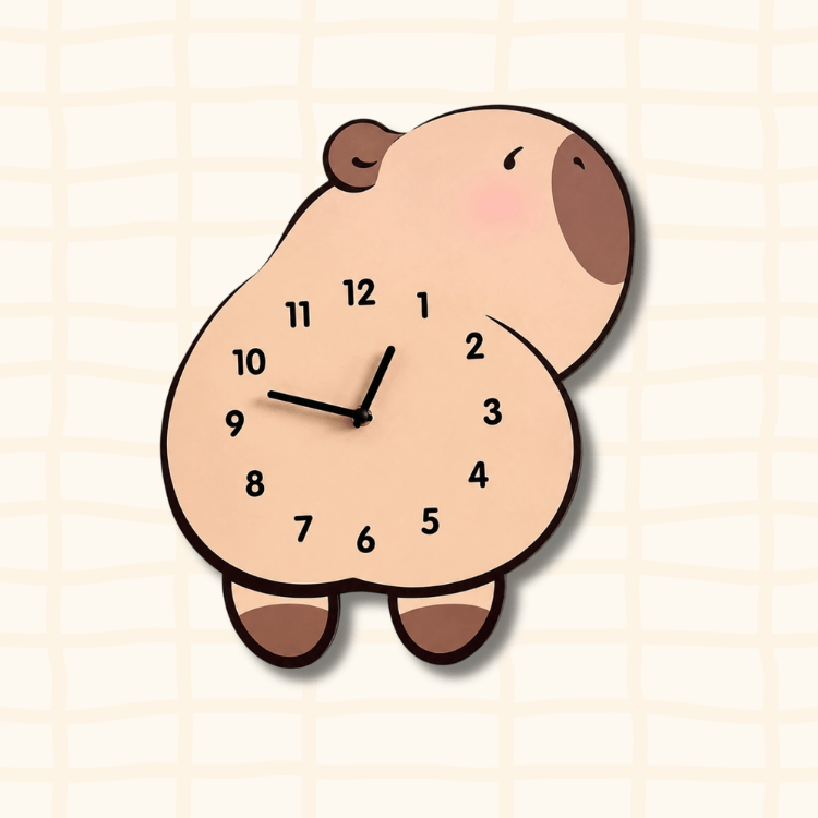Cute capybara animal-shaped wall clock lying down with cute face, cartoon acrylic design on beige background