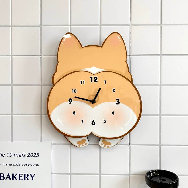 Corgi butt wall clock angled view showing peachy bottom and short legs