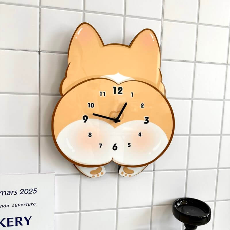 Corgi butt clock on white wall with green plant and home decor items