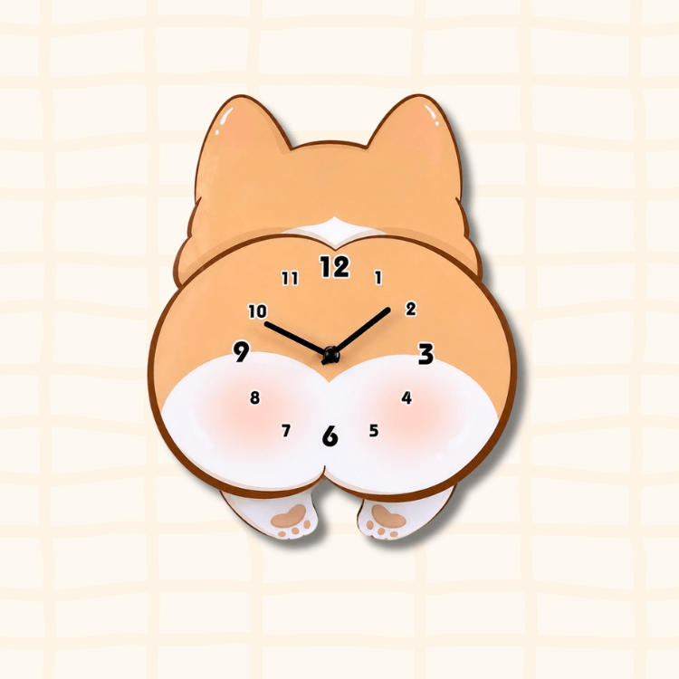 Cute Corgi butt-shaped wall clock with peachy bottom and short legs, cartoon acrylic design