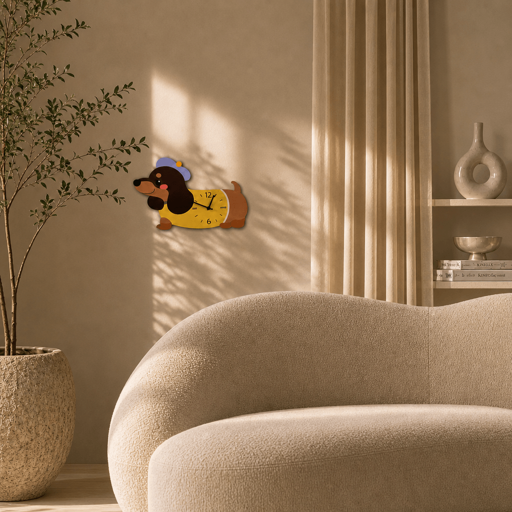 Cute brown dog-shaped wagging tail clock displayed on a wall in a cozy, modern living room
