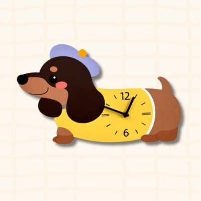 Cute dachshund wagging tail wall clock with purple beret and yellow dress - cartoon novelty pet decor
