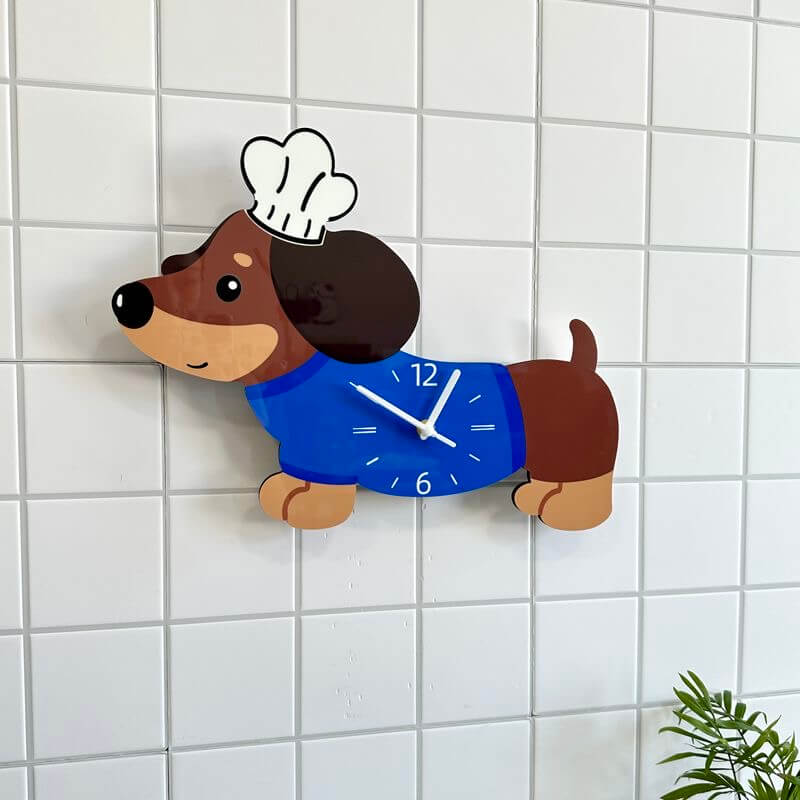 Dachshund wall clock with chef hat on white tile wall, with potted plant for home decor