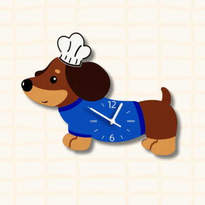 Dachshund wagging tail wall clock with white chef hat and blue dress - cute cartoon pet timepiece
